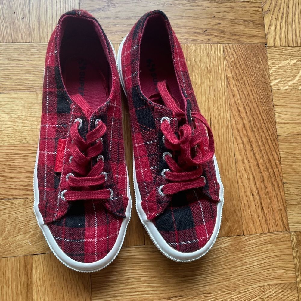 Red tartan plaid superga sneakers‎ sz 37